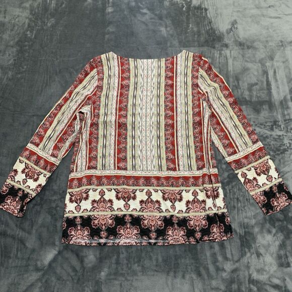 J Jill Top Women's Tunic Size Medium Red Tan 100% Rayon Long Sleeve Boho Flowy - Picture 6 of 13